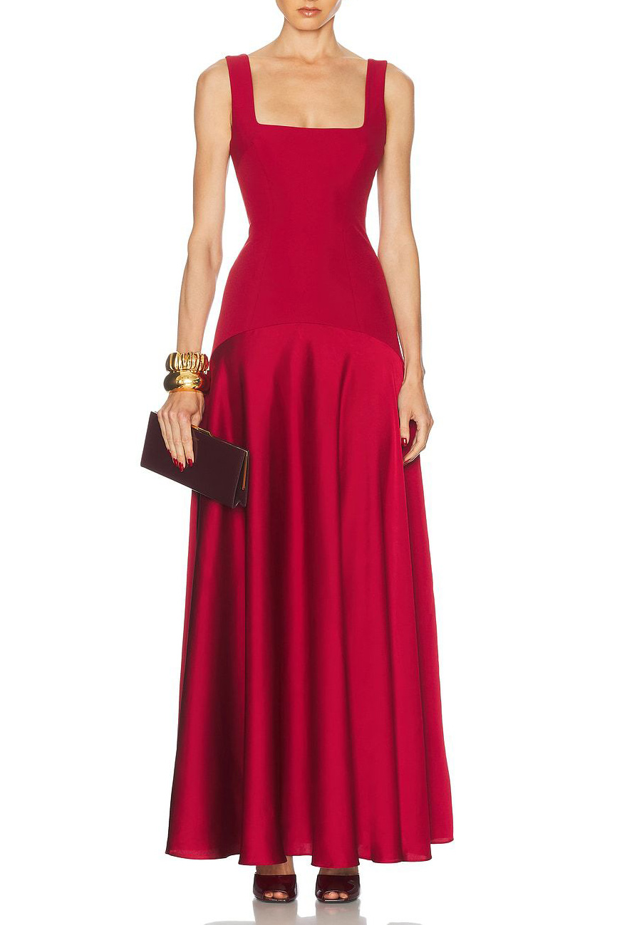 Square-Neck Fitted Bodice Flowing Maxi Dress