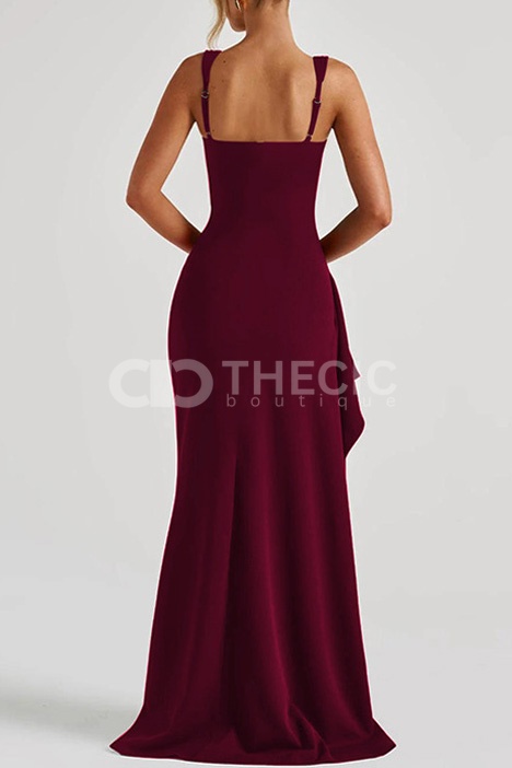 Square Neck Ruched High Slit Maxi Gown