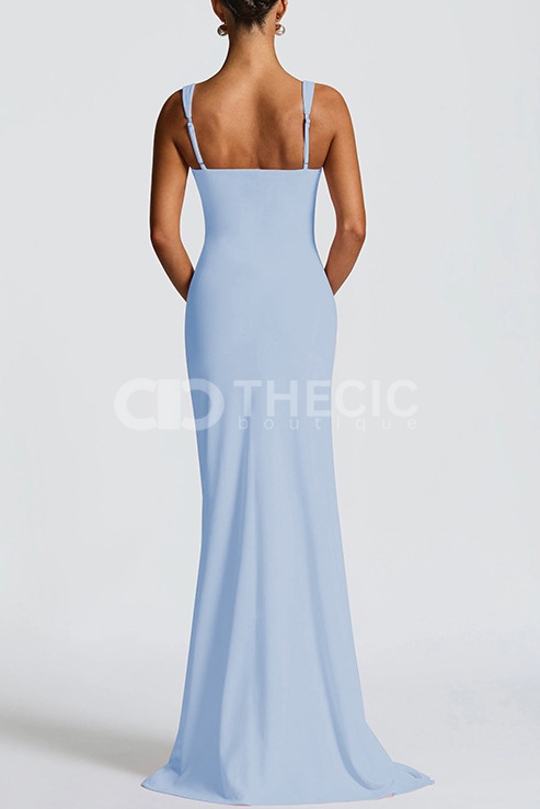 Square Neck Ruched High Slit Maxi Gown
