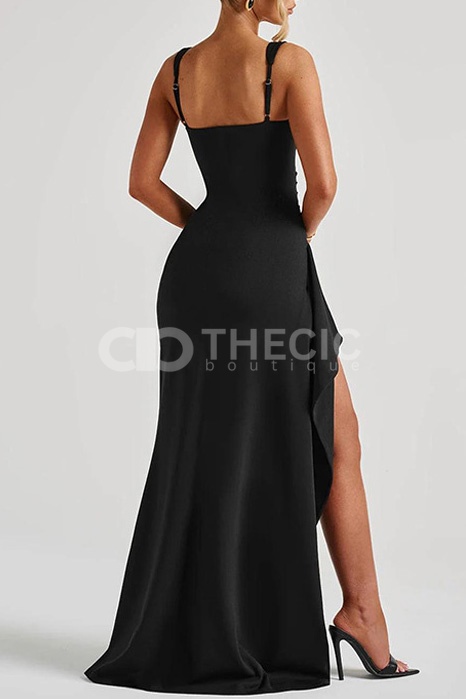 Square Neck Ruched High Slit Maxi Gown