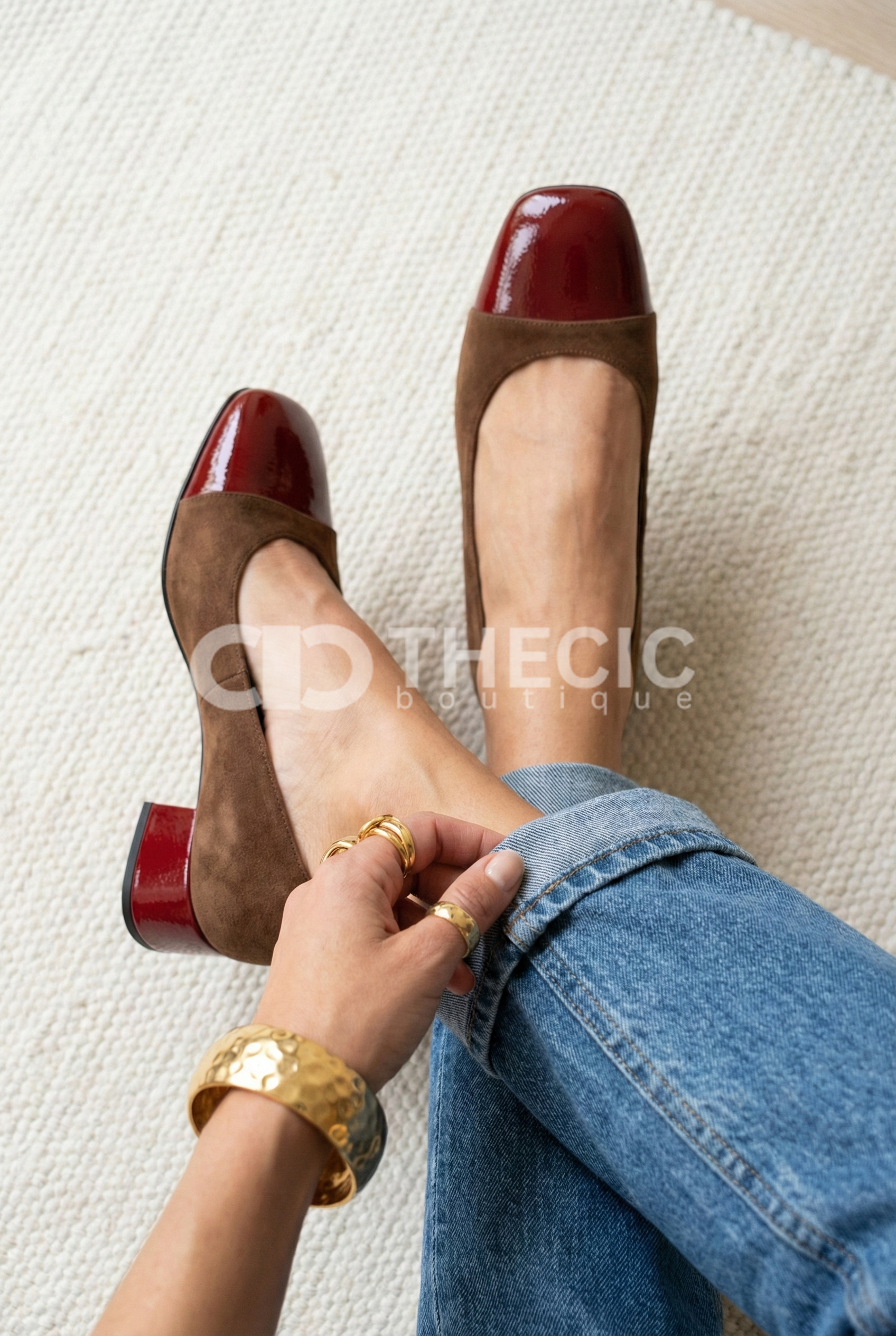 Square-Toe Suede Patent Cap-Toe Block Heel Pumps