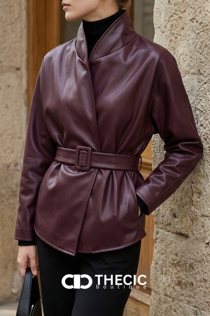 Stand Collar Faux Leather Belted Wrap Jacket