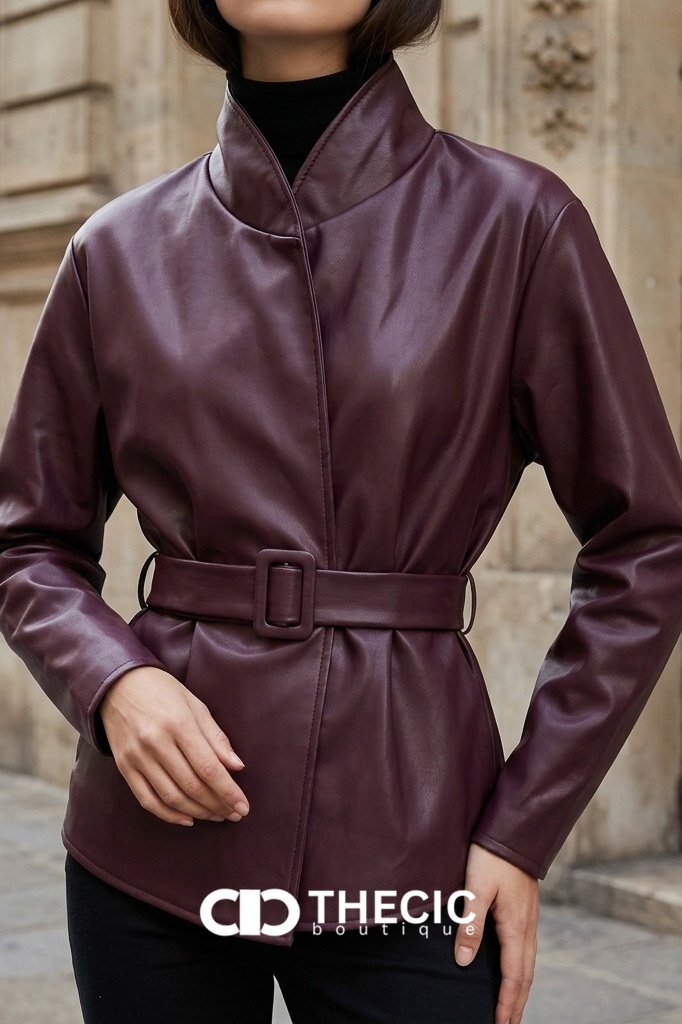 Stand Collar Faux Leather Belted Wrap Jacket