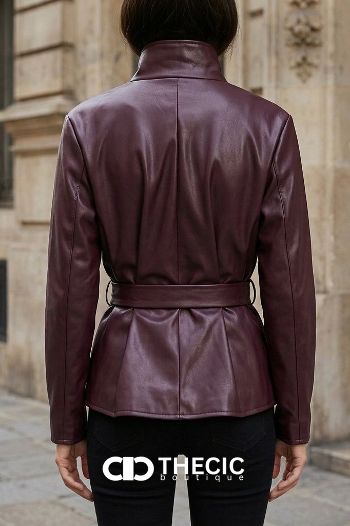 Stand Collar Faux Leather Belted Wrap Jacket