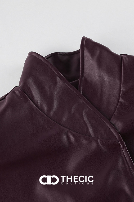 Stand Collar Faux Leather Belted Wrap Jacket