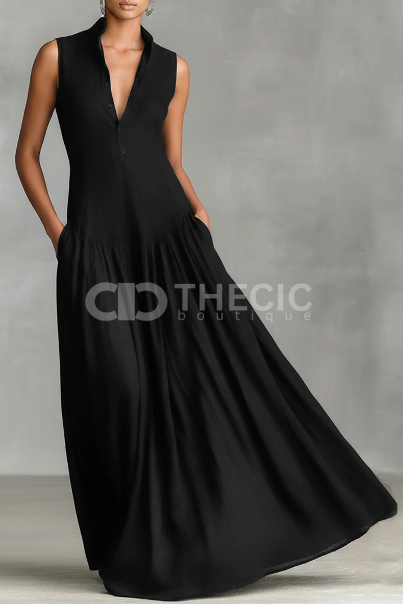 Stand Collar Sleeveless Button-Front Maxi Dress