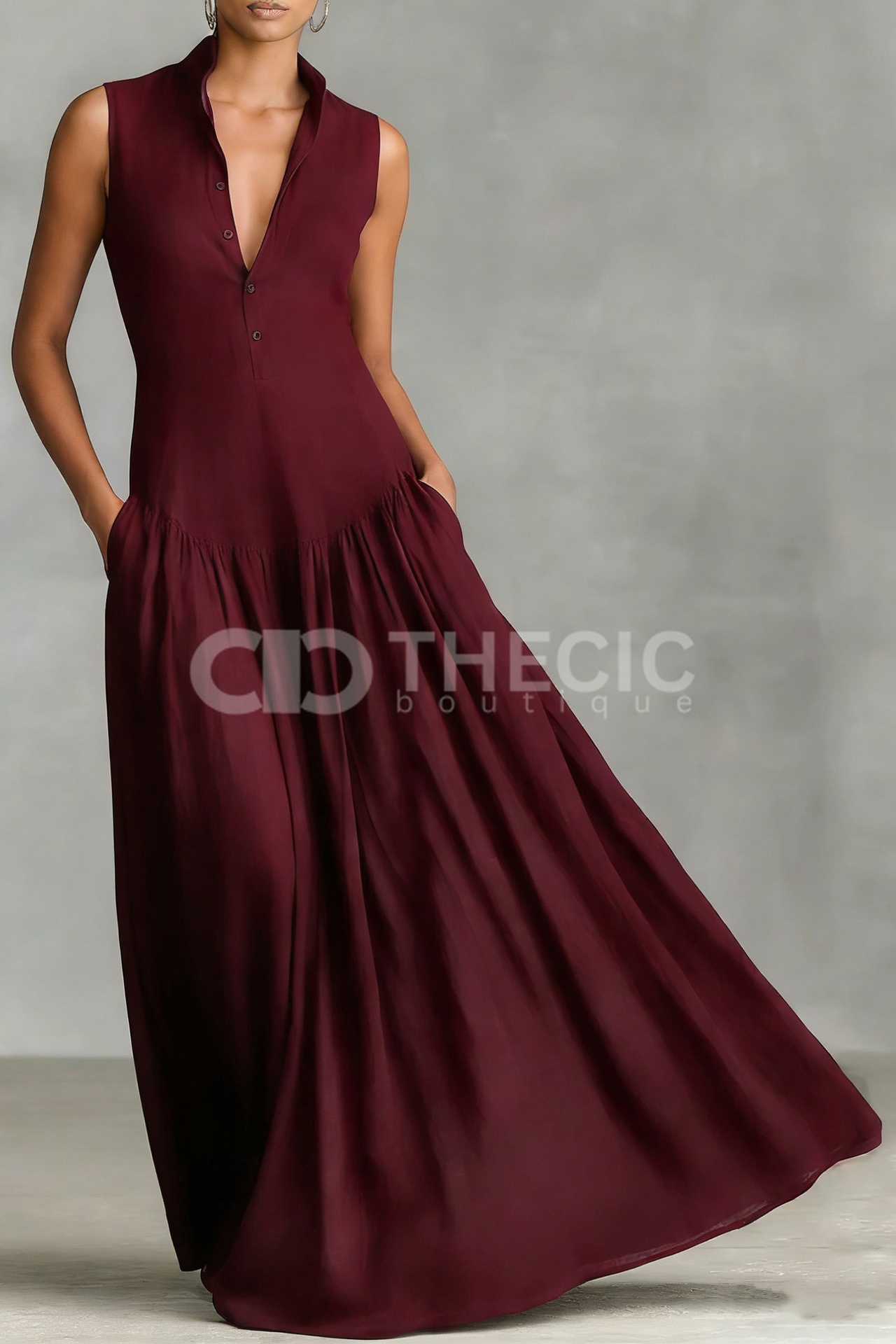 Stand Collar Sleeveless Button-Front Maxi Dress