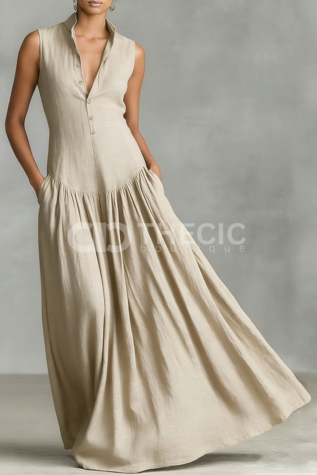 Stand Collar Sleeveless Button-Front Maxi Dress