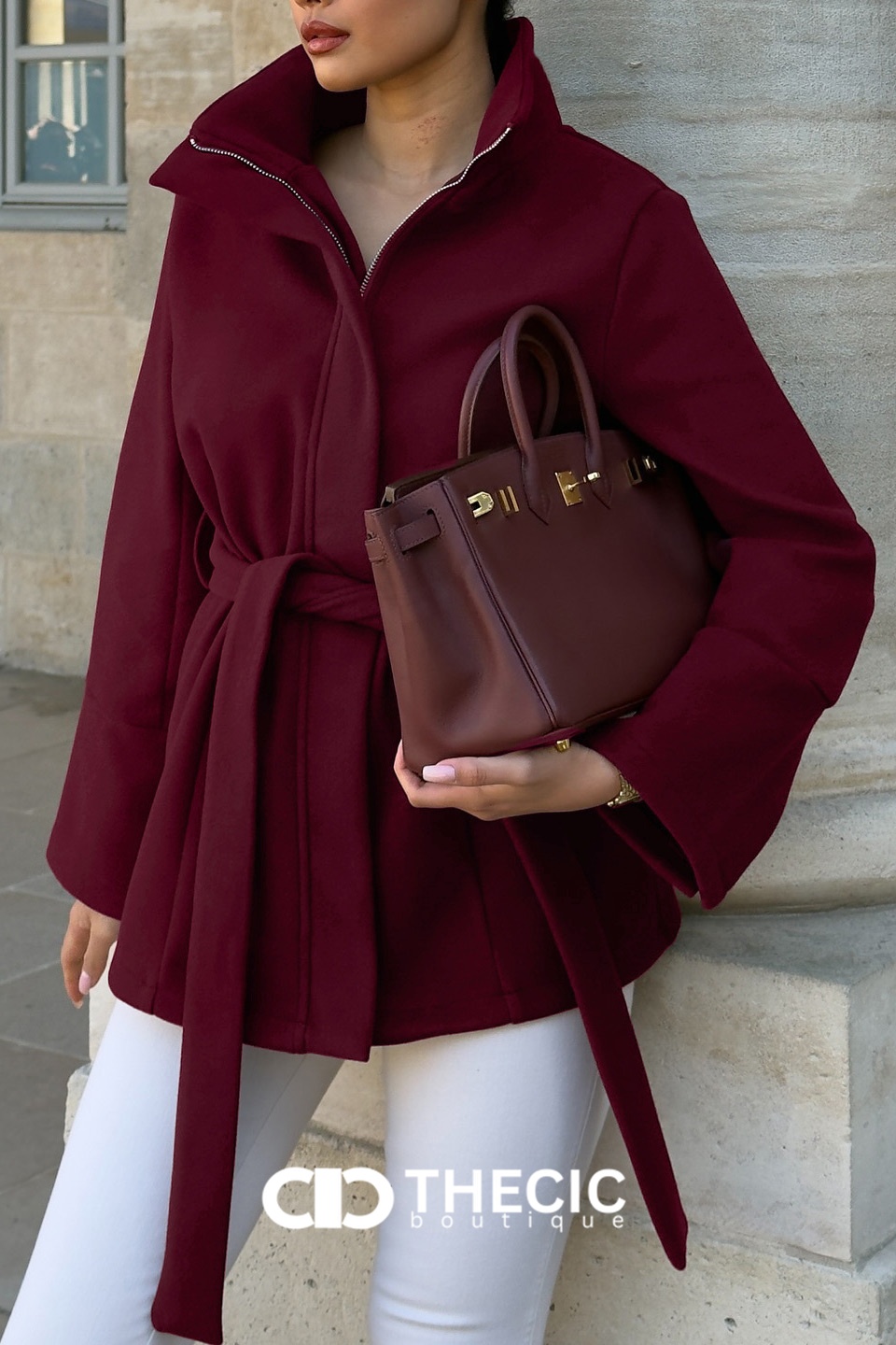 Stand Collar Zipper Belted Bell Sleeve Jacket
