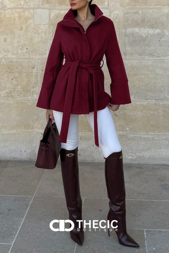 Stand Collar Zipper Belted Bell Sleeve Jacket