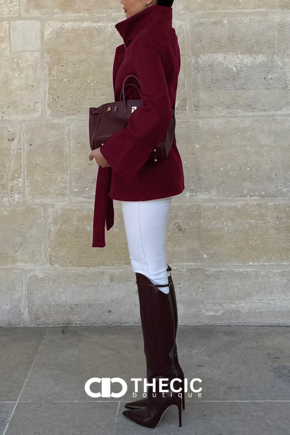 Stand Collar Zipper Belted Bell Sleeve Jacket
