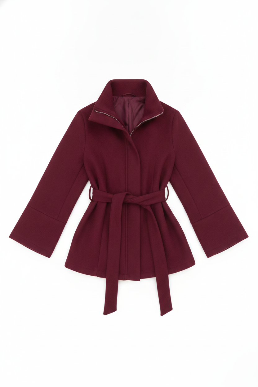 Stand Collar Zipper Belted Bell Sleeve Jacket