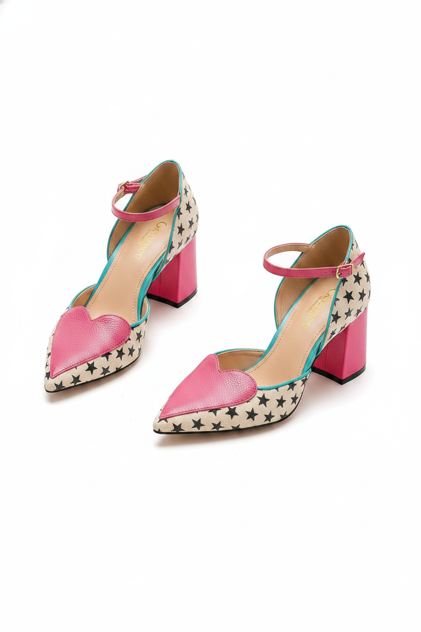 Star Print Pumps | Pink Pointed-Toe Block Heel Pumps with Heart