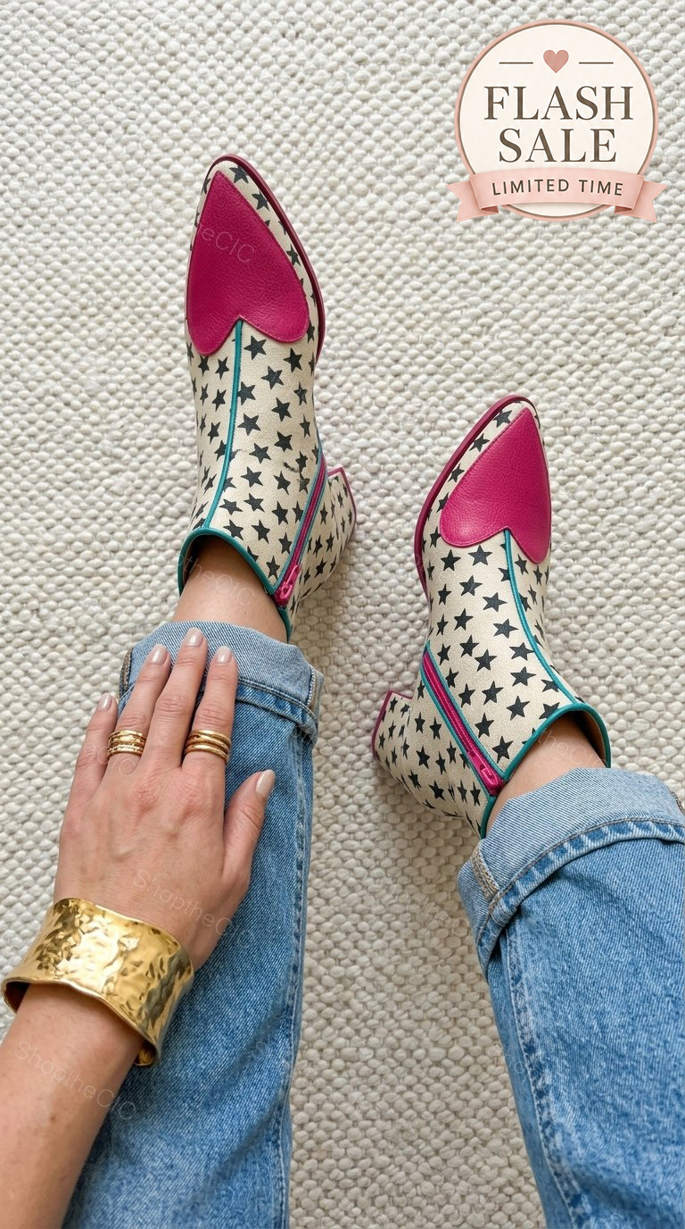 Star Print Heart Toe Pointed Block Heel Ankle Boots