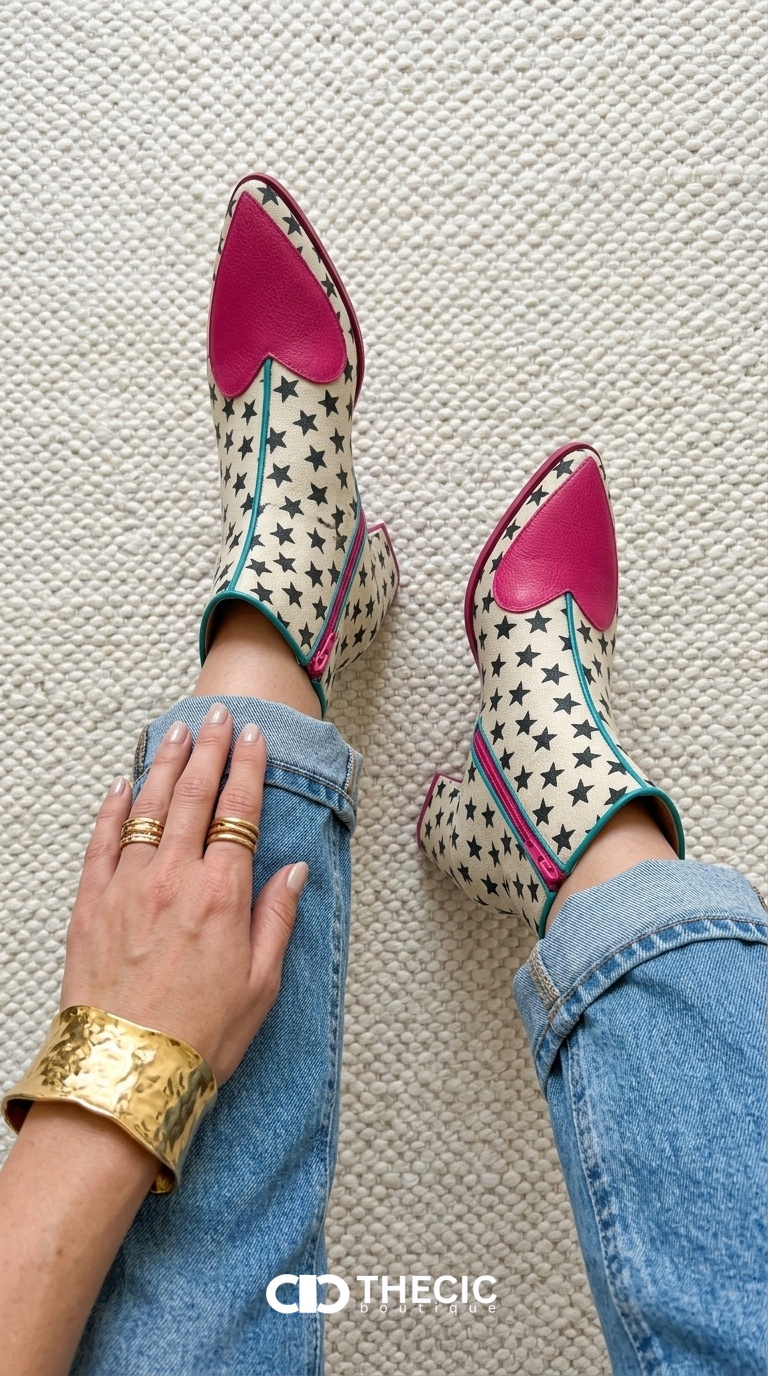 Star Print Heart Toe Pointed Block Heel Ankle Boots