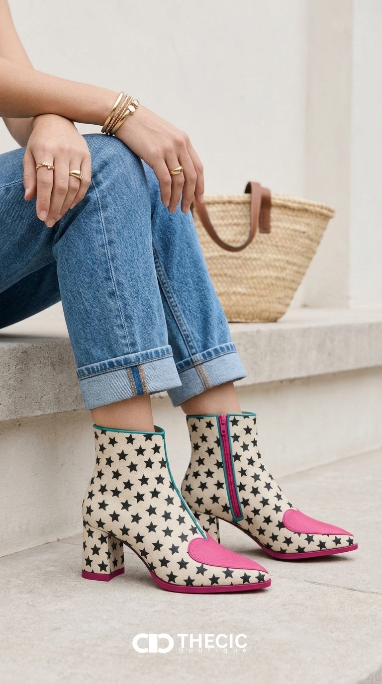 Star Print Heart Toe Pointed Block Heel Ankle Boots