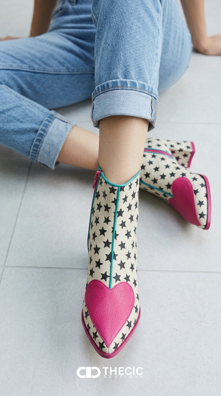 Star Print Heart Toe Pointed Block Heel Ankle Boots