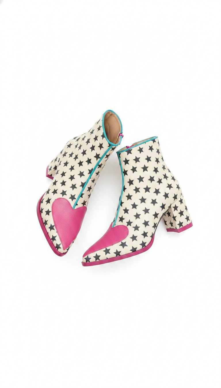 Star Print Heart Toe Pointed Block Heel Ankle Boots