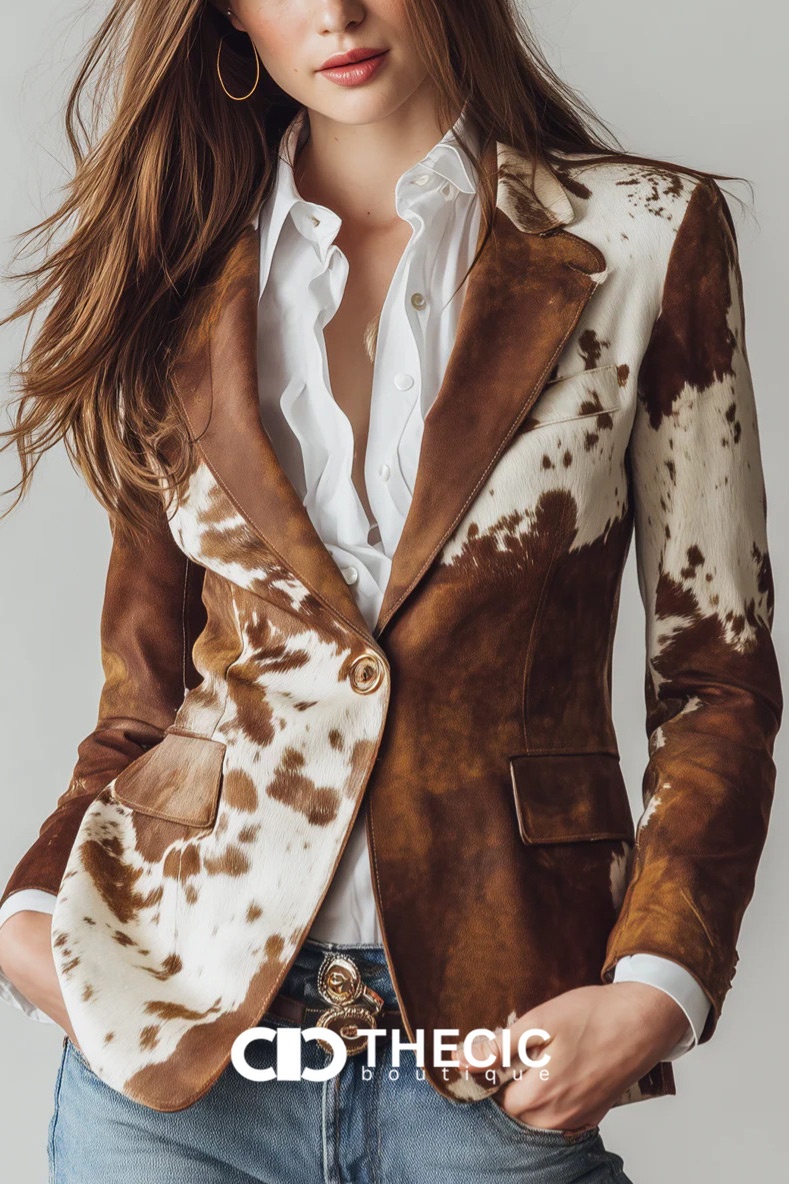 Statement Cow Print Notched Lapel Blazer