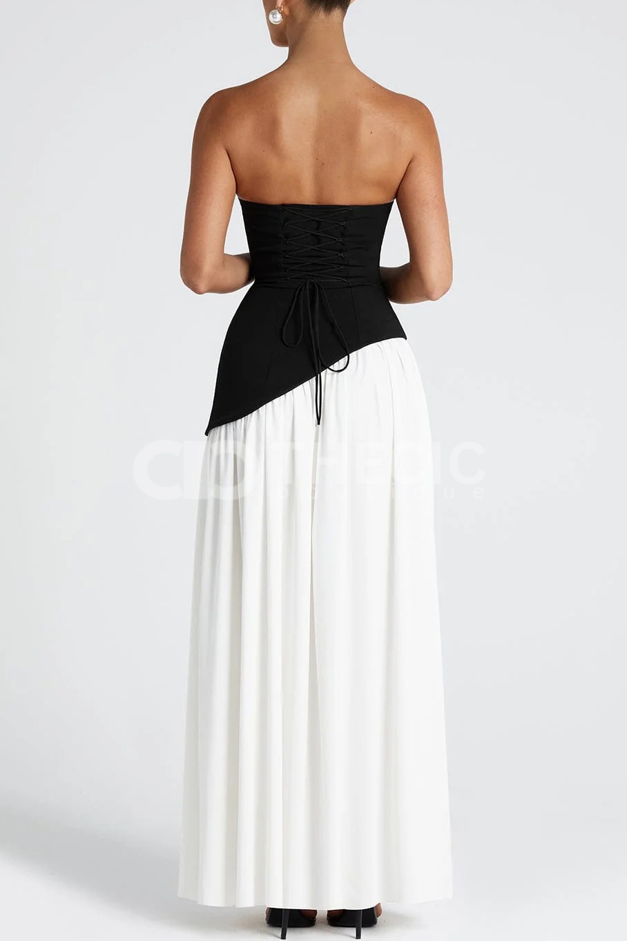 Strapless Corset Bodice Asymmetric Pleated High Slit Maxi Dress