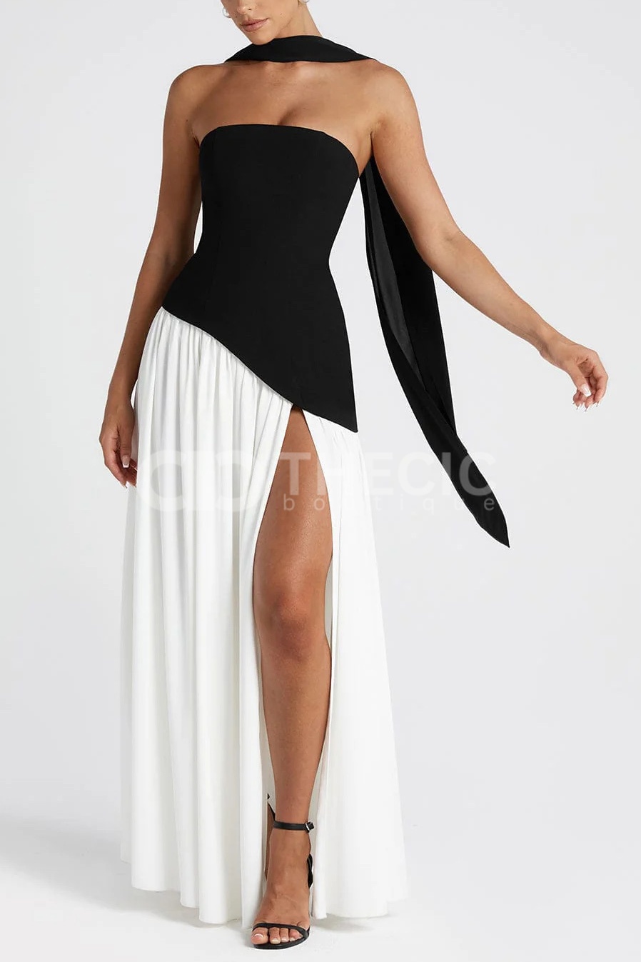 Strapless Corset Bodice Asymmetric Pleated High Slit Maxi Dress