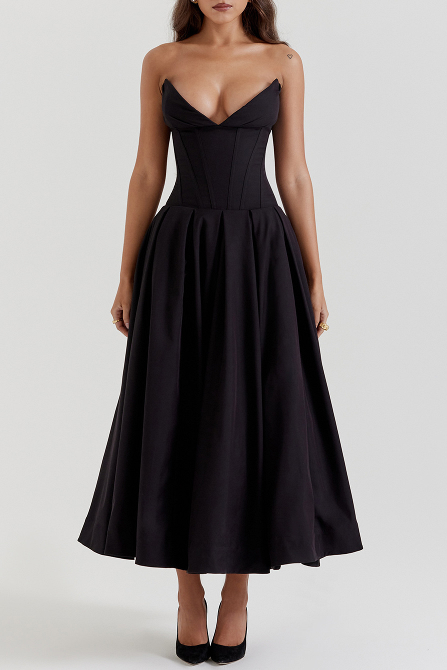 Strapless Corset Bodice Pleated Midi Dress