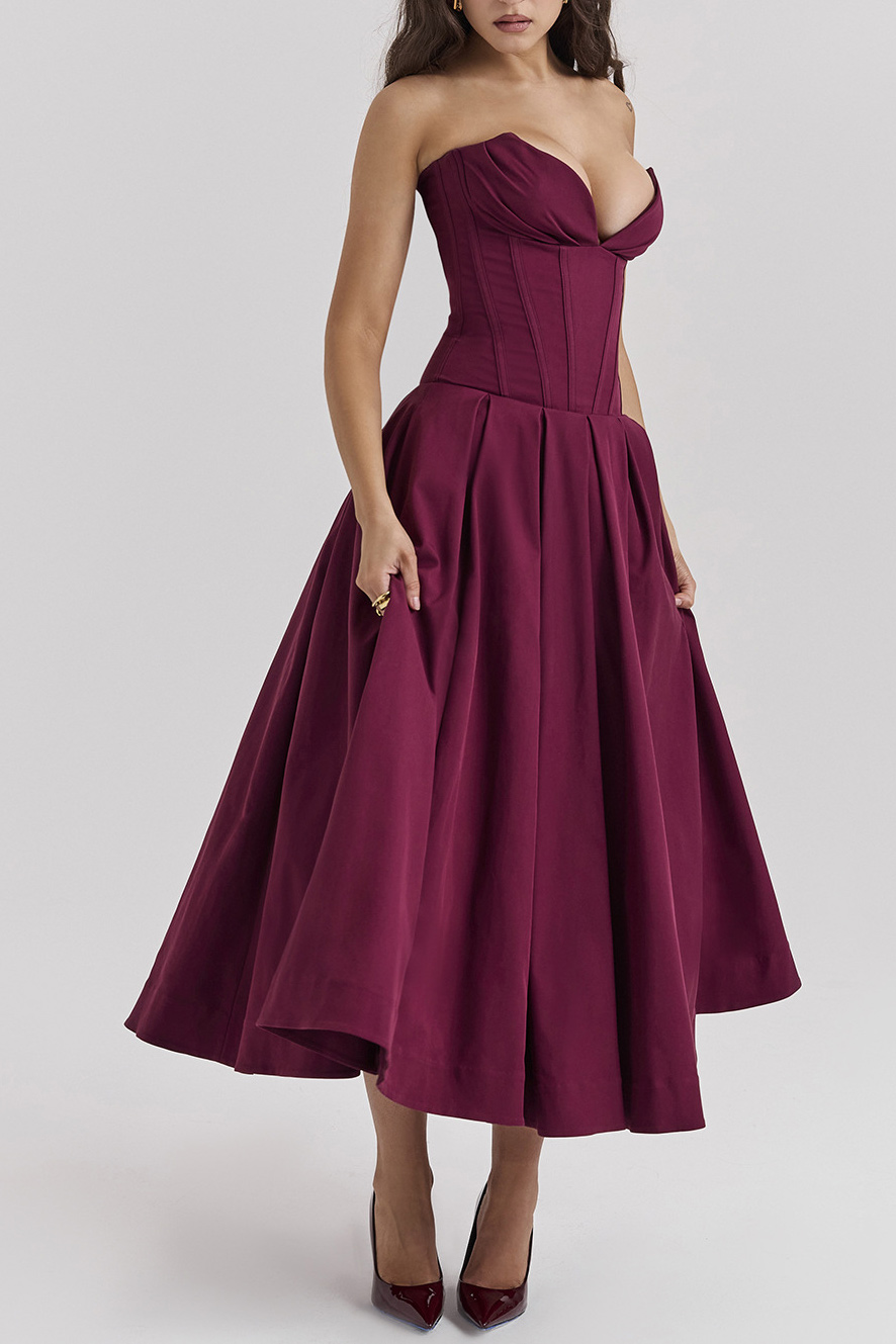 Strapless Corset Bodice Pleated Midi Dress