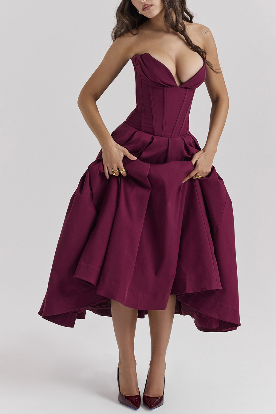 Strapless Corset Bodice Pleated Midi Dress