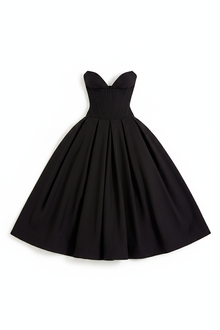 Strapless Corset Bodice Pleated Midi Dress