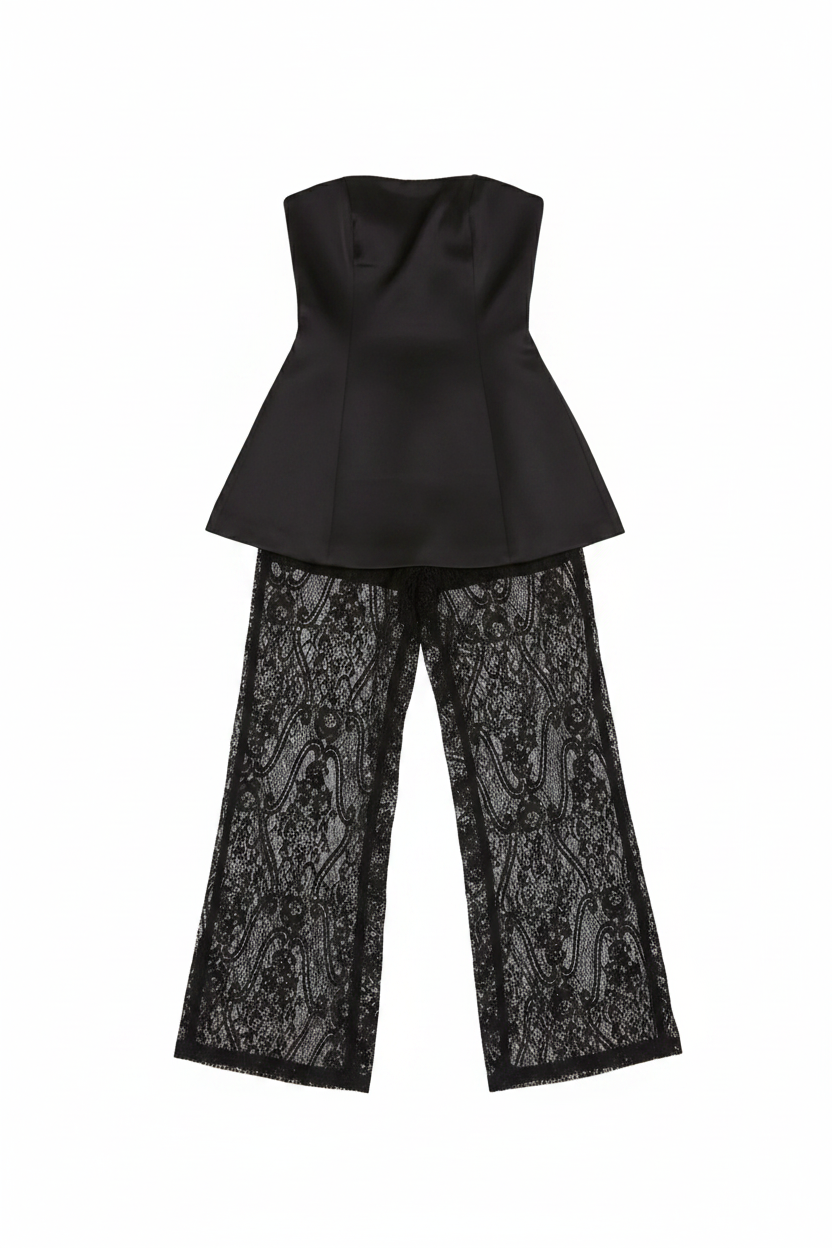 Strapless Peplum Top Lace Wide-Leg Pants Set