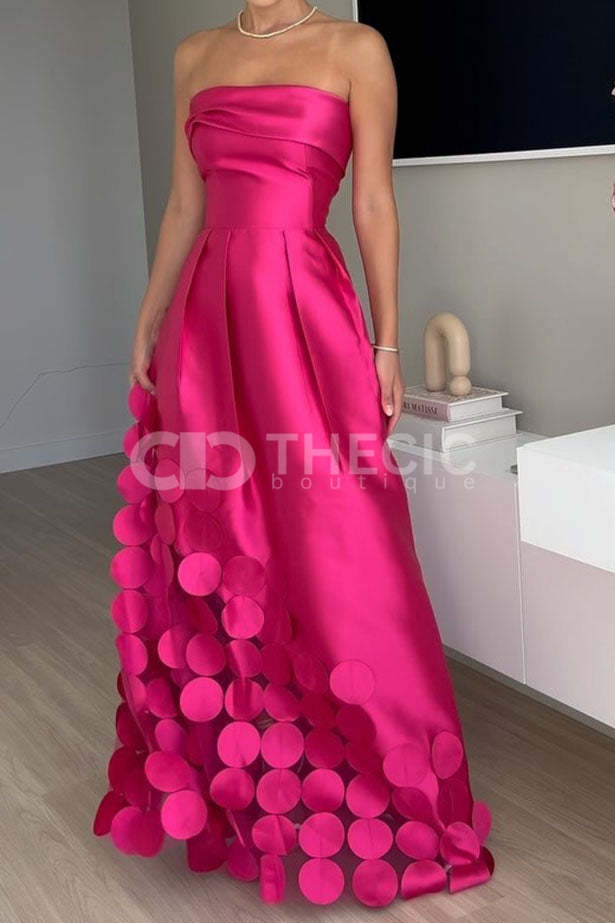 Strapless Pleated Bodice Circular Appliqué Maxi Dress