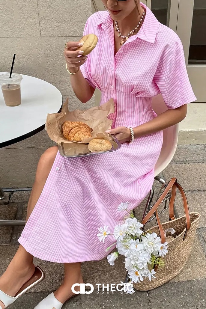 Striped Collared Button-Front Cinched Waist Midi Shirt Dress