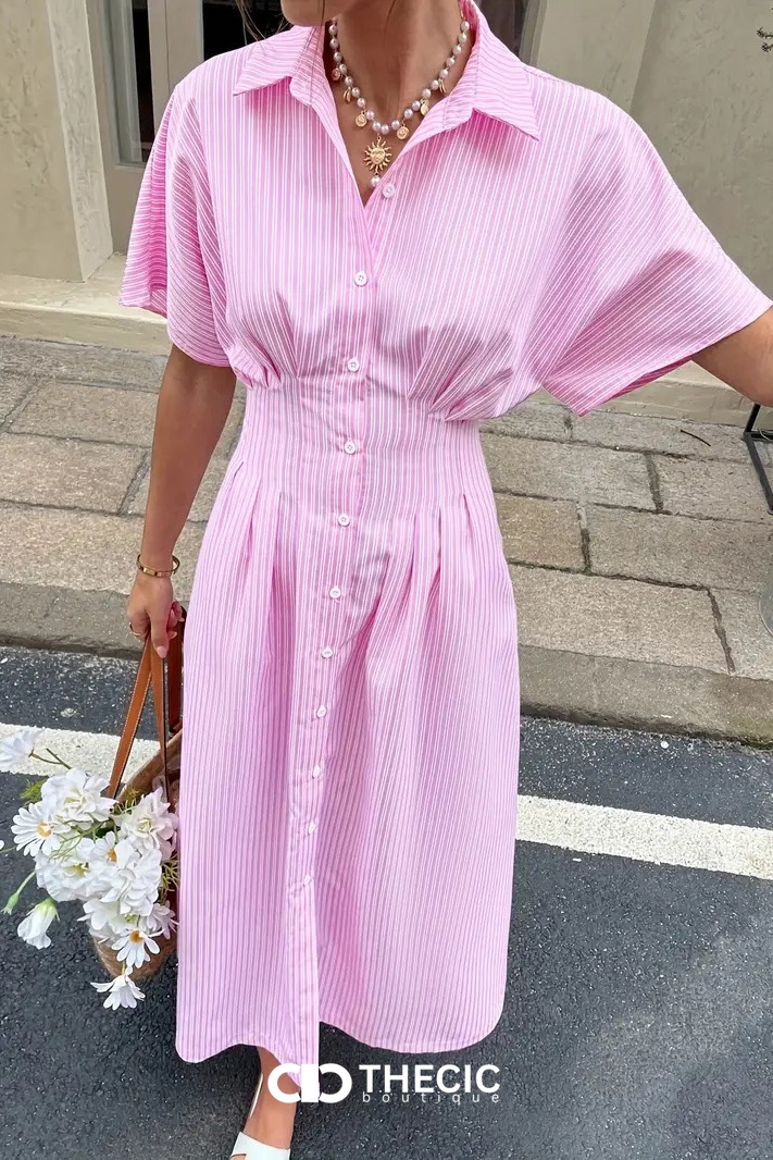 Striped Collared Button-Front Cinched Waist Midi Shirt Dress