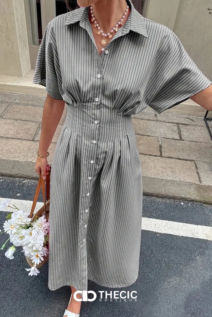 Striped Collared Button-Front Cinched Waist Midi Shirt Dress