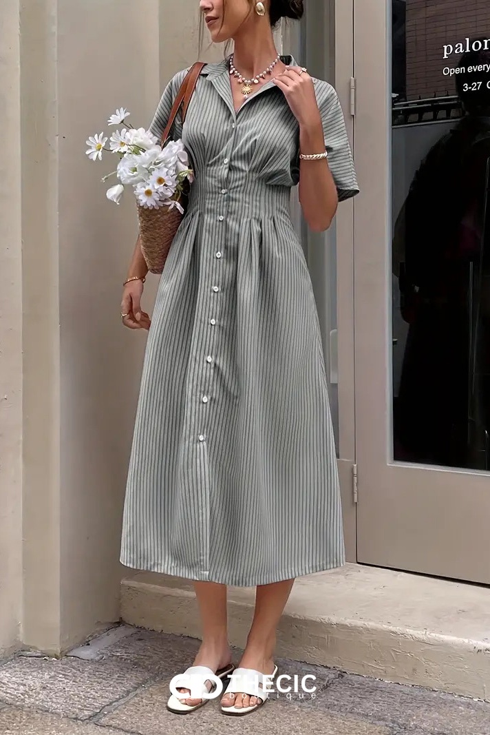 Striped Collared Button-Front Cinched Waist Midi Shirt Dress