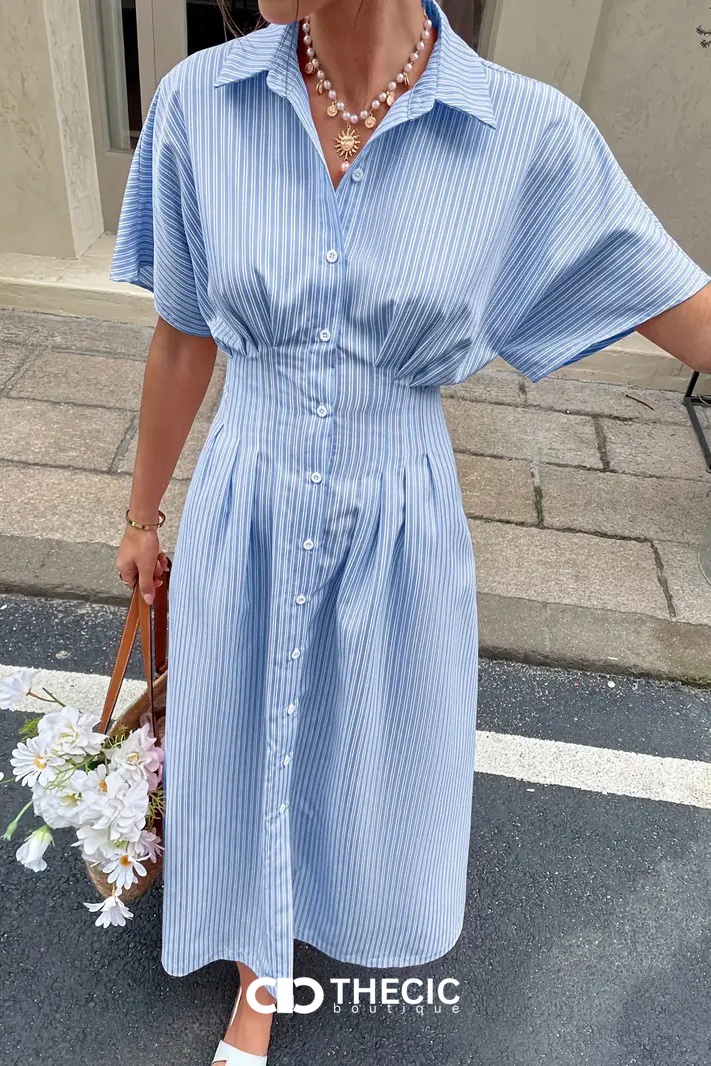 Striped Collared Button-Front Cinched Waist Midi Shirt Dress