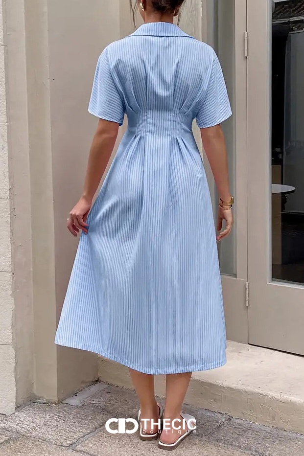 Striped Collared Button-Front Cinched Waist Midi Shirt Dress