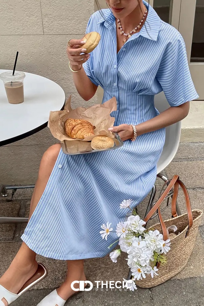 Striped Collared Button-Front Cinched Waist Midi Shirt Dress