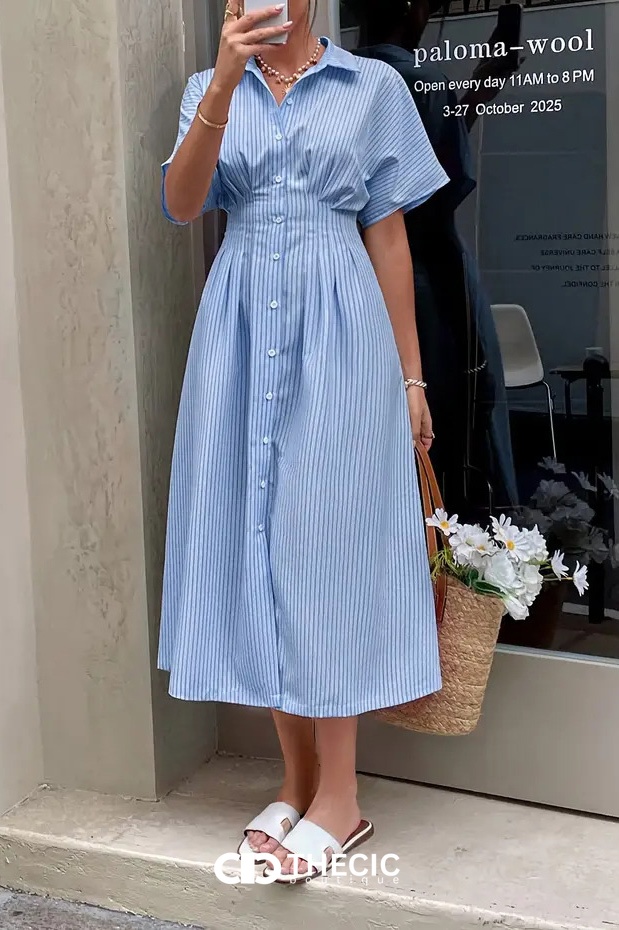 Striped Collared Button-Front Cinched Waist Midi Shirt Dress