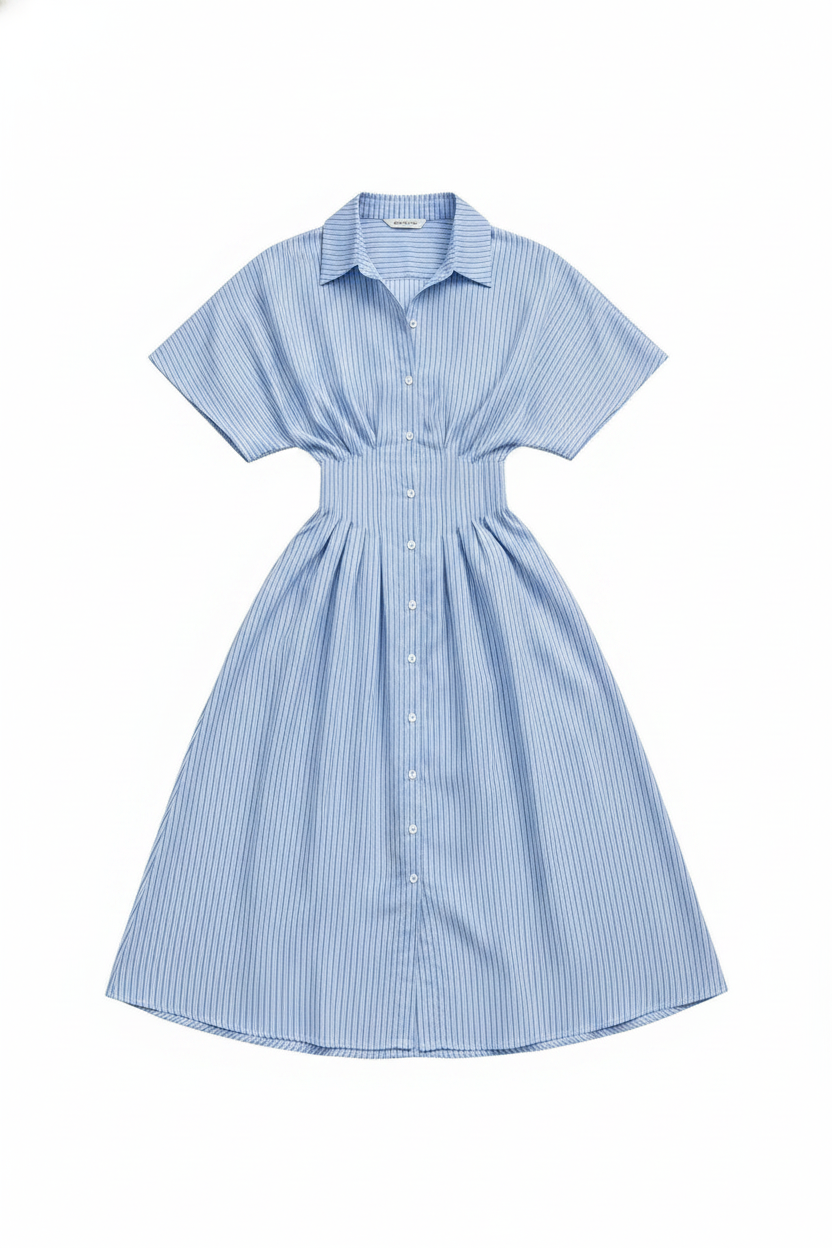 Striped Collared Button-Front Cinched Waist Midi Shirt Dress