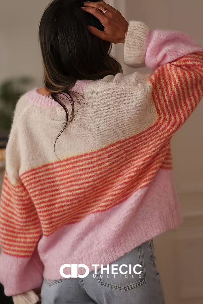 Striped Color-Block Ruffled Cuff Knit Cardigan