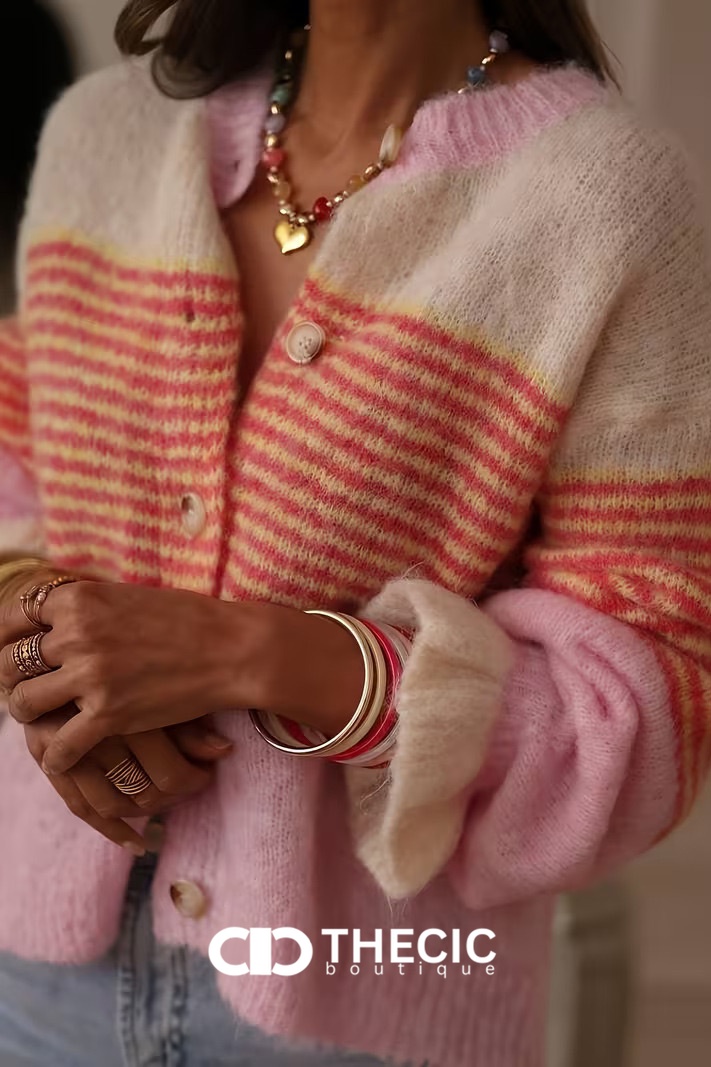 Striped Color-Block Ruffled Cuff Knit Cardigan