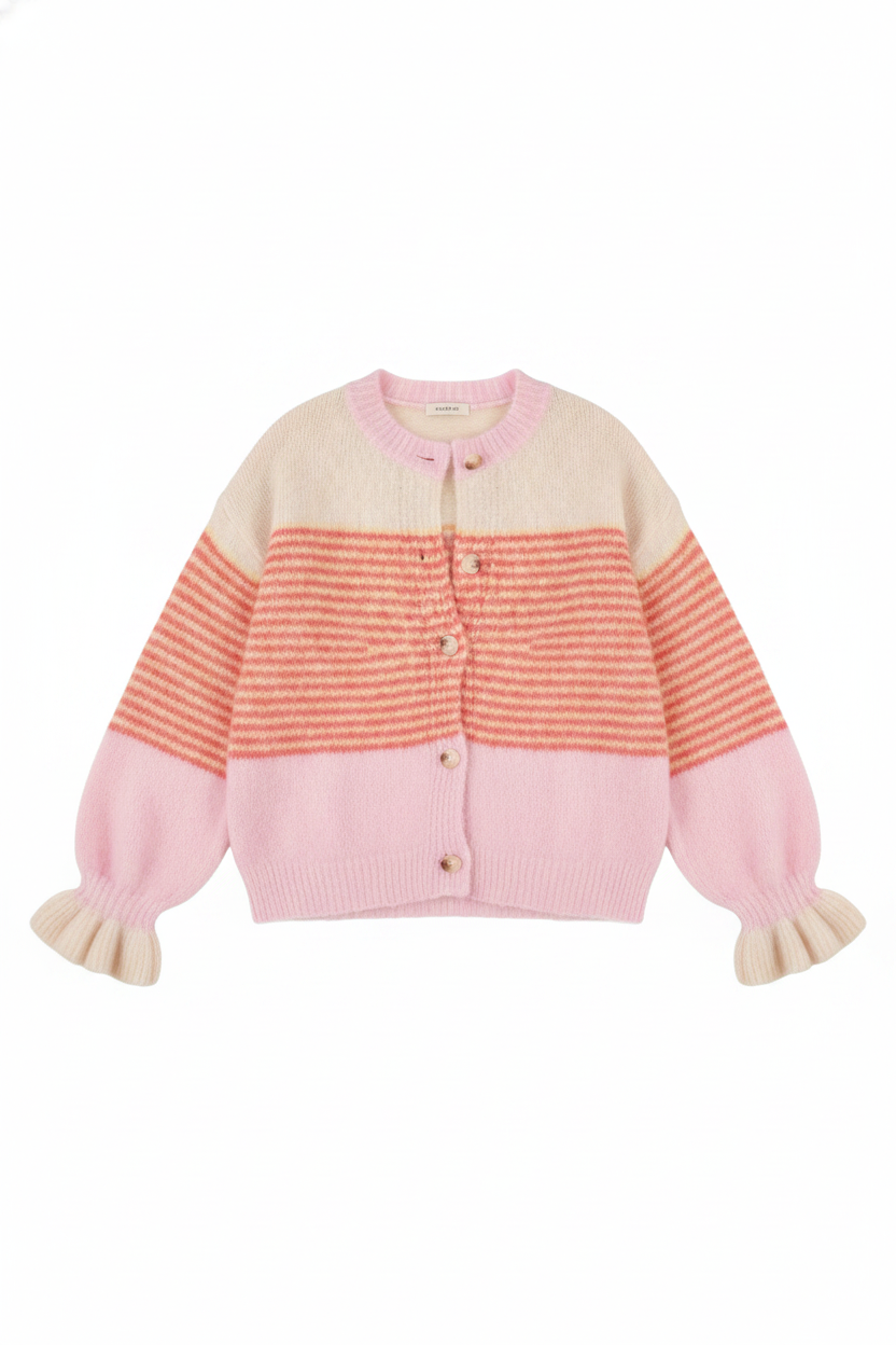 Striped Color-Block Ruffled Cuff Knit Cardigan