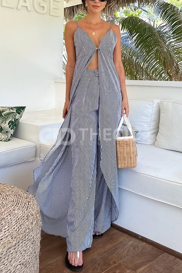 Striped Front-Slit Flowing Wide-Leg Pants Set