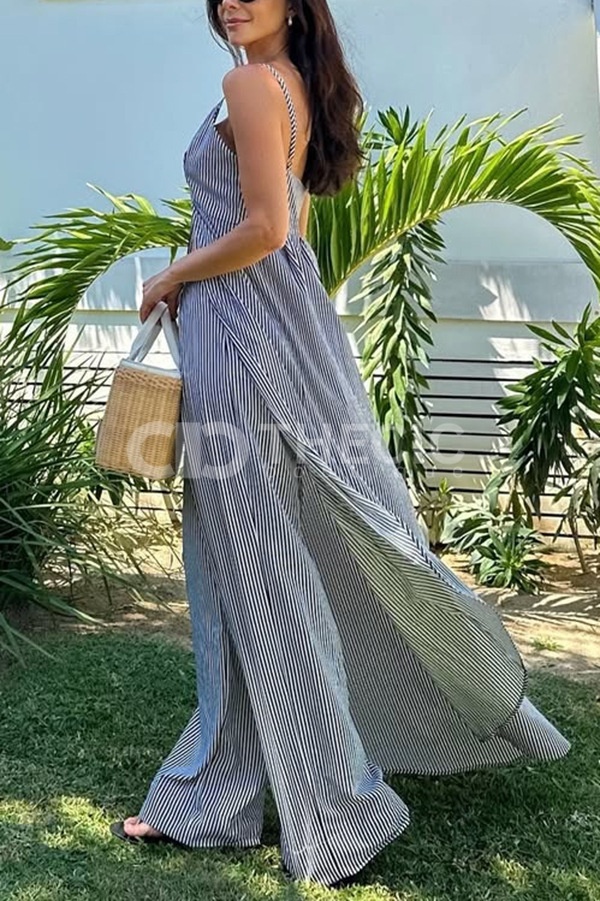 Striped Front-Slit Flowing Wide-Leg Pants Set