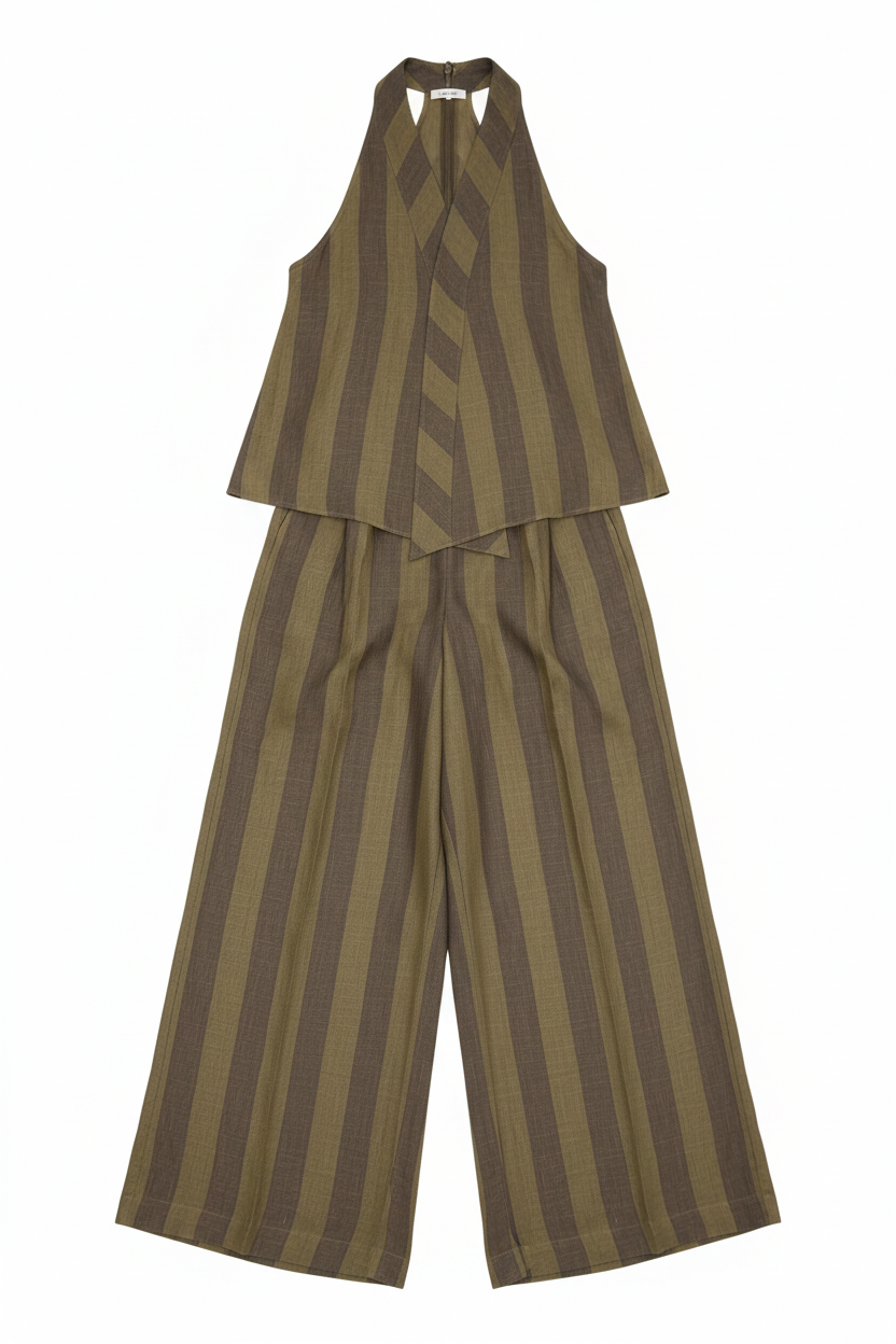 Striped Halter Neck Flowy Wide-Leg Pants Set