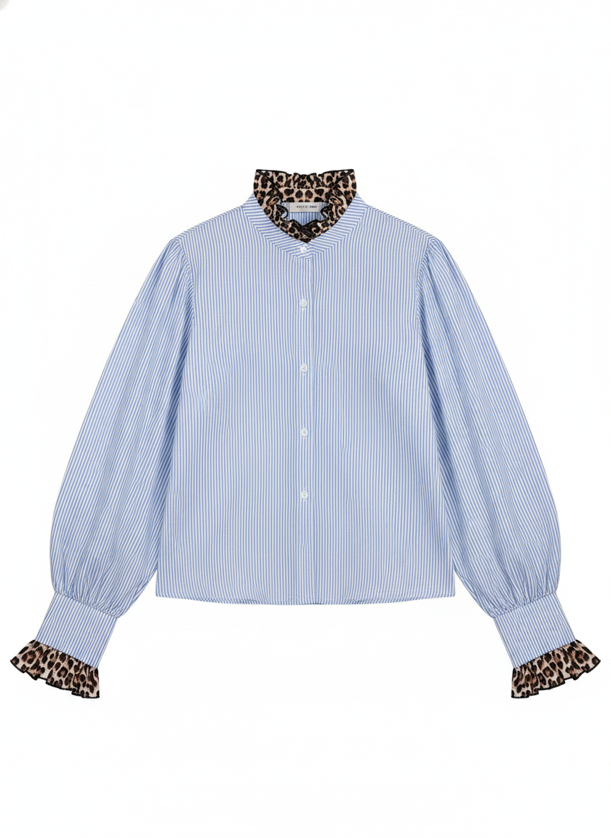 Striped Leopard Ruffle Cuff Puff Sleeve Blouse