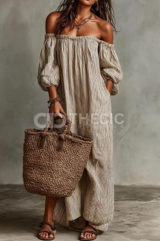 Striped Off-Shoulder Puff Sleeve Maxi Dress
