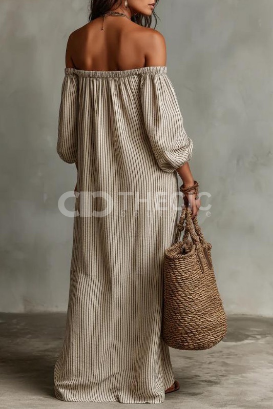 Striped Off-Shoulder Puff Sleeve Maxi Dress