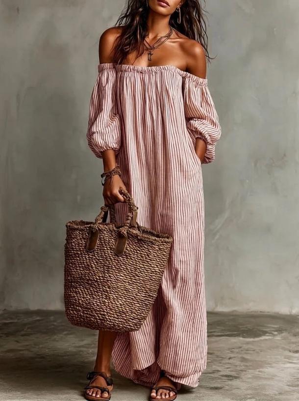 Striped Off-Shoulder Puff Sleeve Maxi Dress